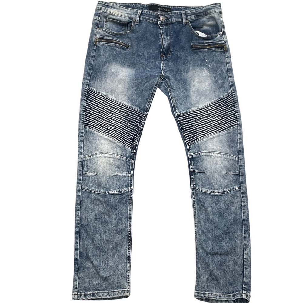 Rocawear Jeans‎ Men 40W 34L Blue Moto Biker Acid Wash Denim Zippers Rock Metal
